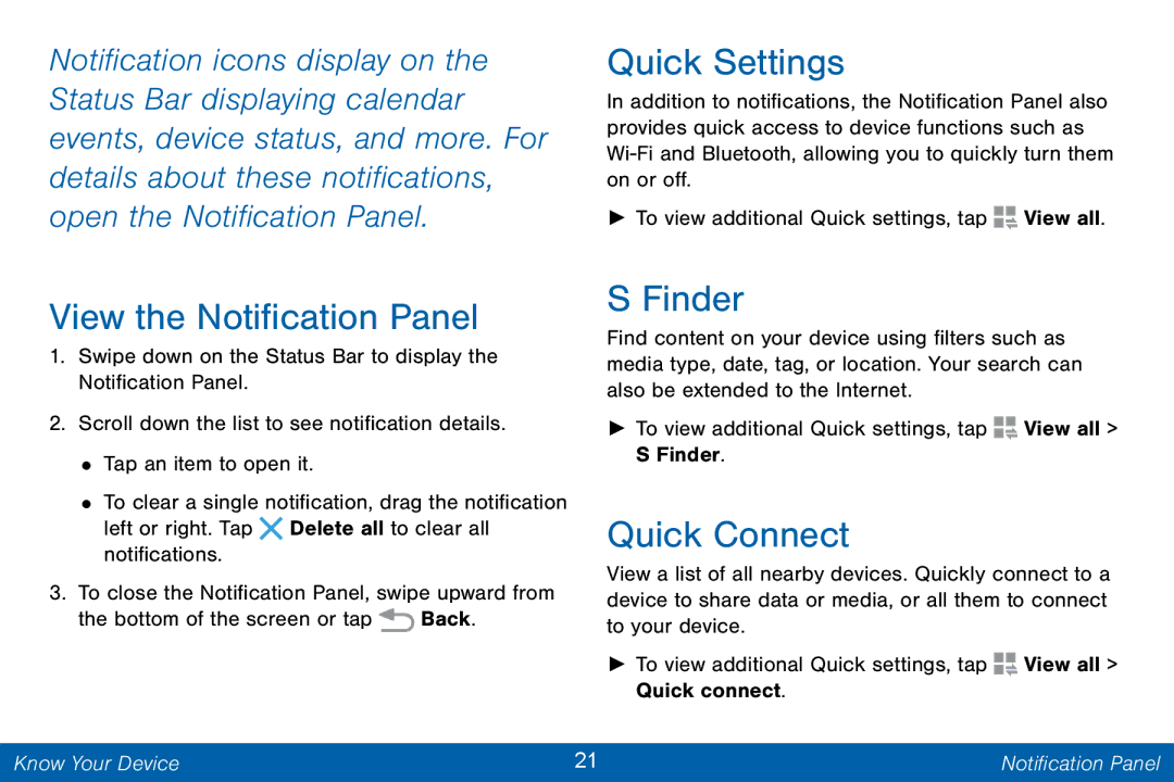 Samsung GH68-42046F manual Quick Settings, View the Notification Panel, Finder, Quick Connect 