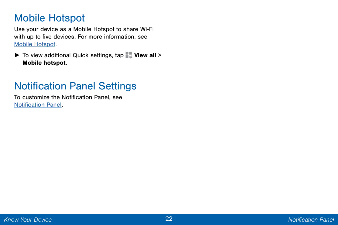 Samsung GH68-42046F manual Mobile Hotspot, Notification Panel Settings 