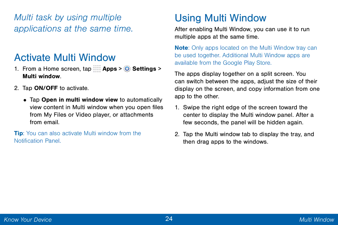 Samsung GH68-42046F Activate Multi Window, Using Multi Window, Multi task by using multiple applications at the same time 