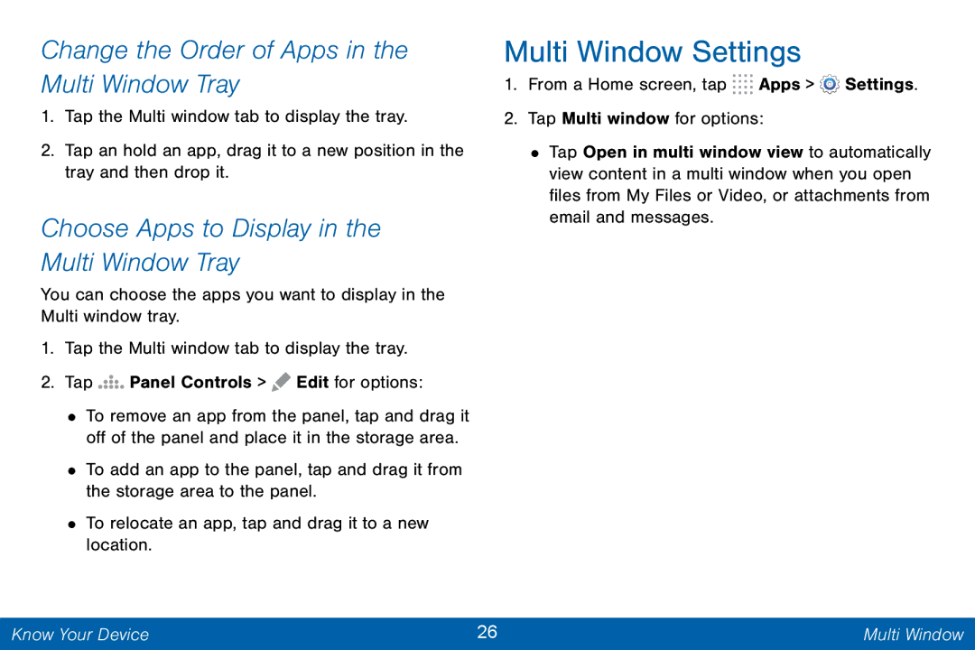 Samsung GH68-42046F manual Multi Window Settings, Change the Order of Apps in the Multi Window Tray 