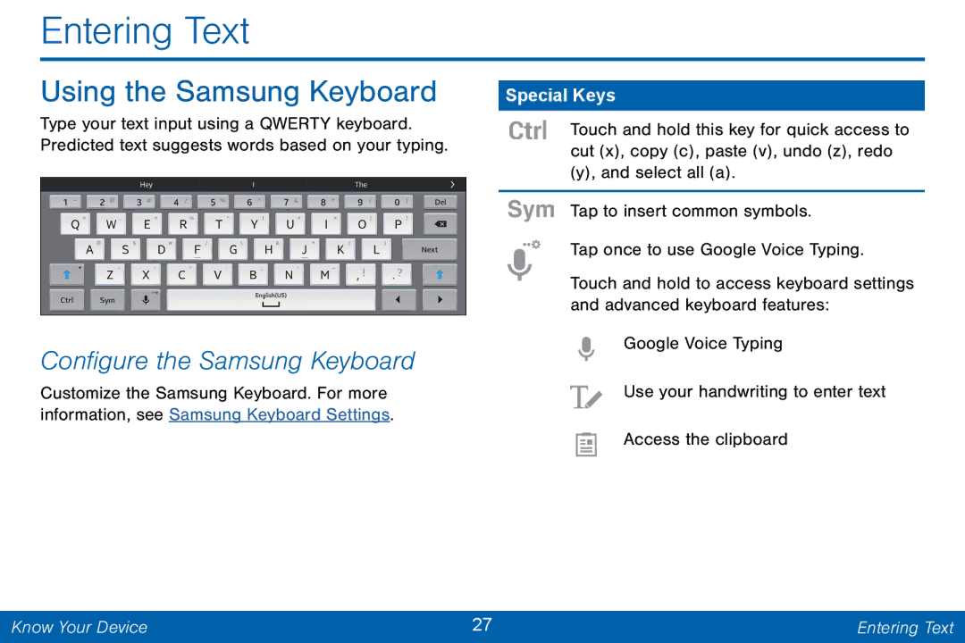 Samsung GH68-42046F manual Entering Text, Using the Samsung Keyboard, Configure the Samsung Keyboard 