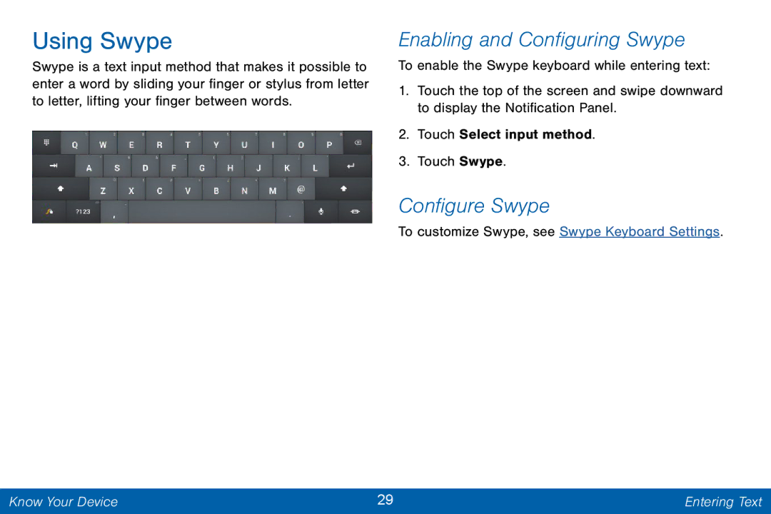 Samsung GH68-42046F manual Using Swype, Enabling and Configuring Swype, Configure Swype 