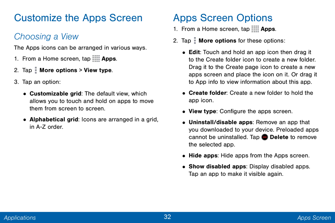 Samsung GH68-42046F manual Customize the Apps Screen, Apps Screen Options, Choosing a View 