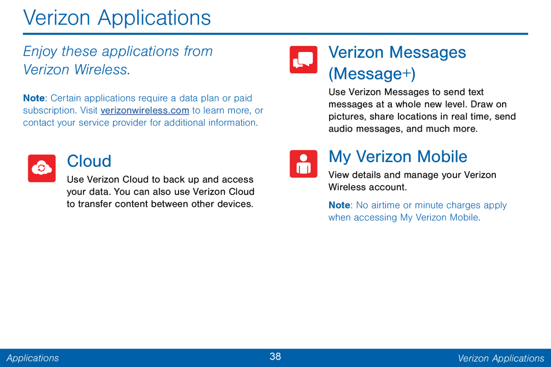 Samsung GH68-42046F manual Verizon Applications, Cloud, My Verizon Mobile, Enjoy these applications from Verizon Wireless 