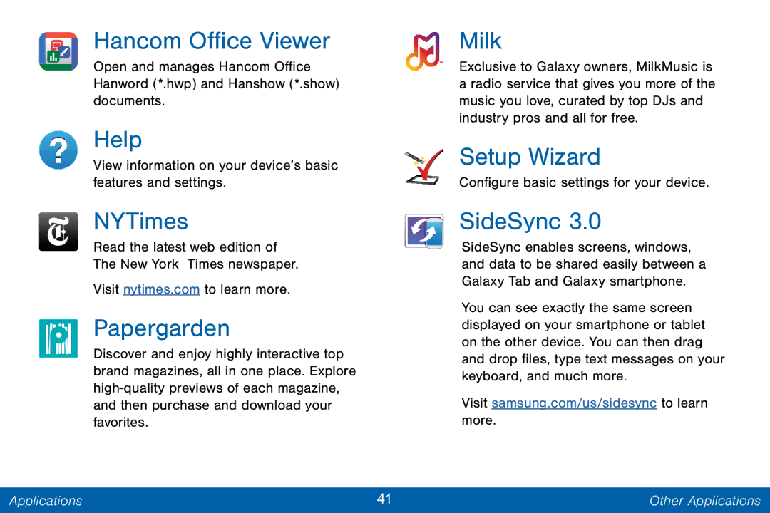 Samsung GH68-42046F manual Hancom Office Viewer, Help, NYTimes, Papergarden, Milk, SideSync 