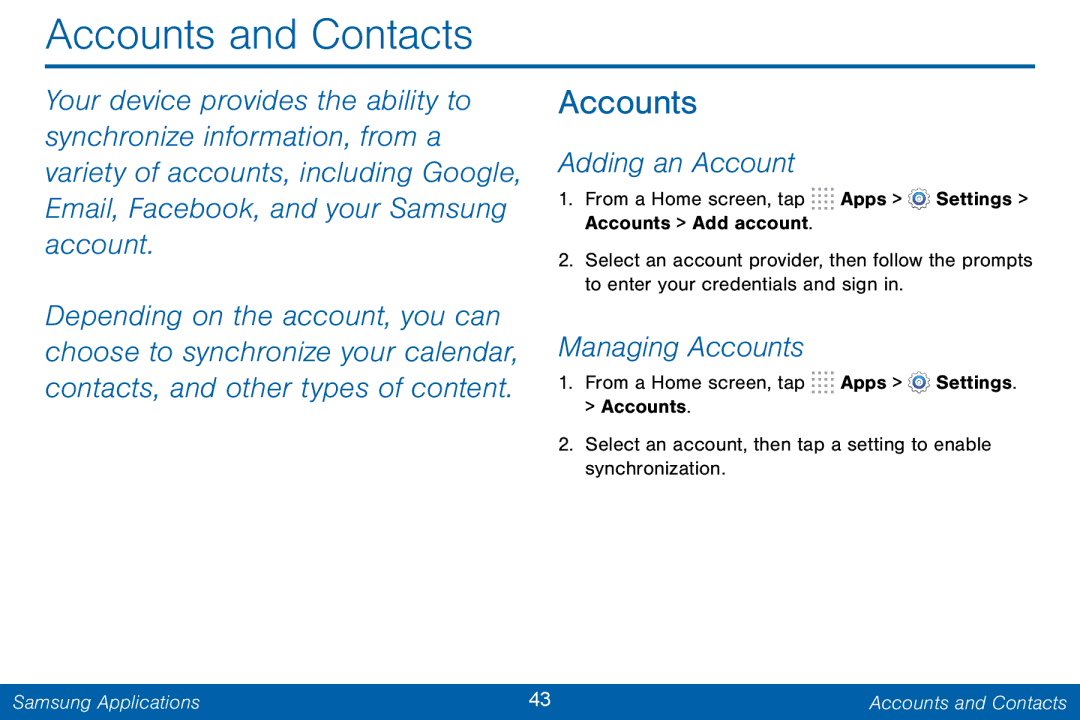 Samsung GH68-42046F manual Accounts and Contacts, Adding an Account, Managing Accounts 