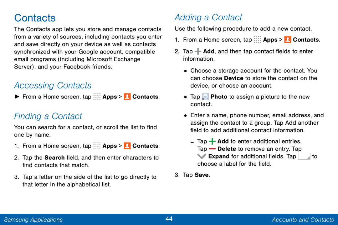 Samsung GH68-42046F manual Accessing Contacts, Finding a Contact, Adding a Contact 