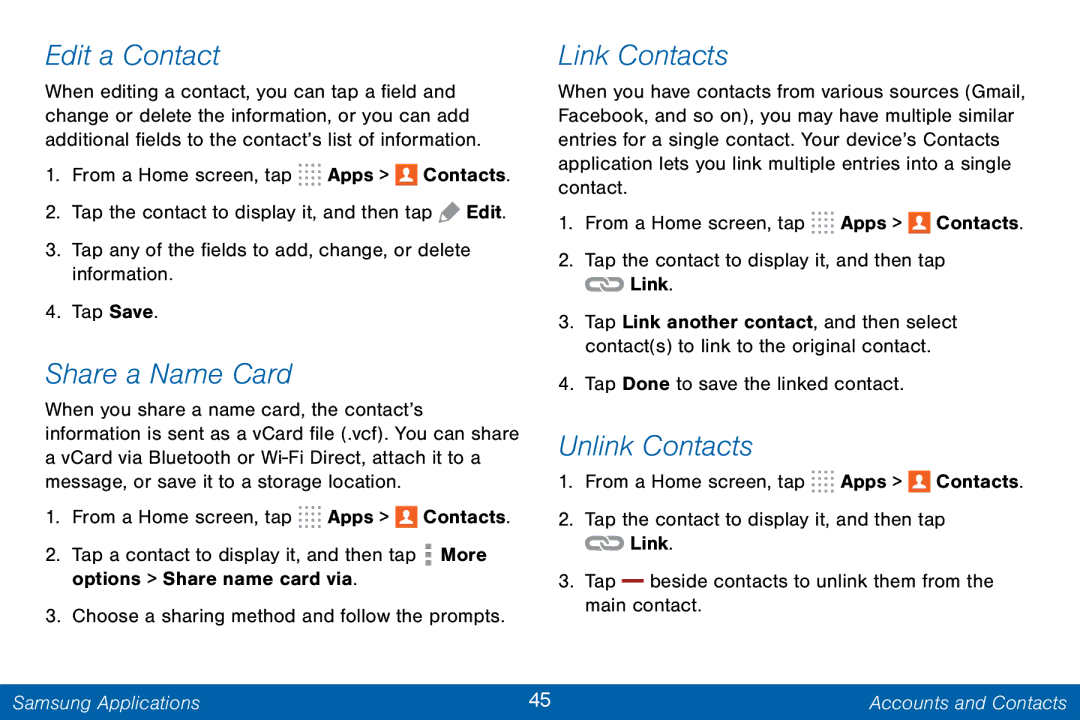 Samsung GH68-42046F manual Edit a Contact, Share a Name Card, Link Contacts, Unlink Contacts 