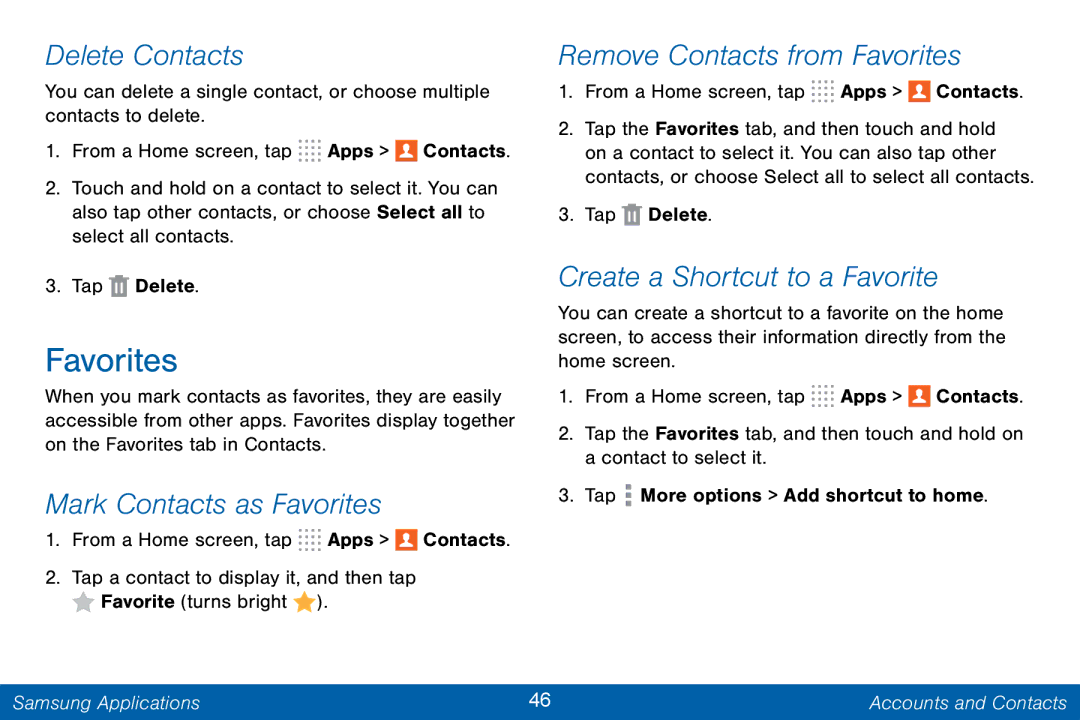 Samsung GH68-42046F manual Delete Contacts, Mark Contacts as Favorites, Remove Contacts from Favorites 