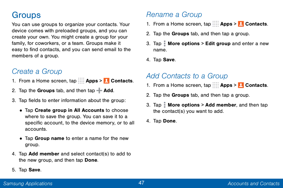 Samsung GH68-42046F manual Groups, Rename a Group, Create a Group Add Contacts to a Group 