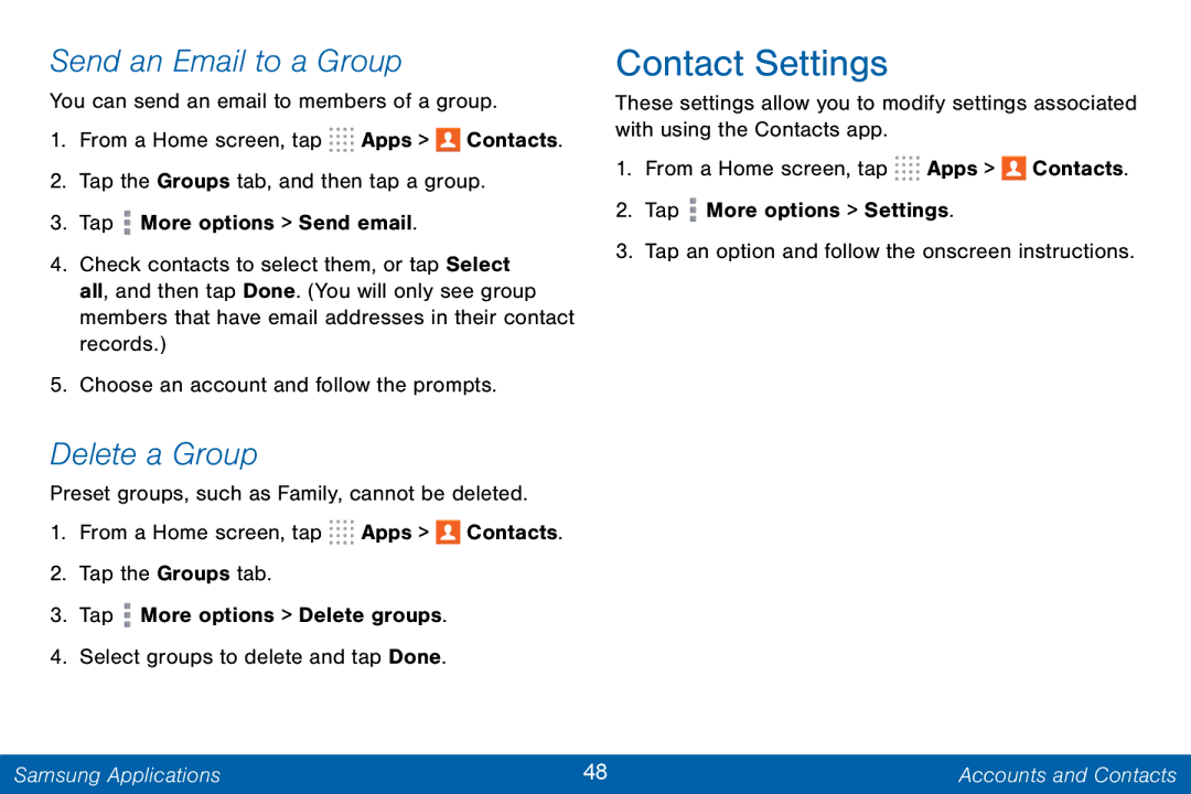 Samsung GH68-42046F manual Contact Settings, Send an Email to a Group, Delete a Group 