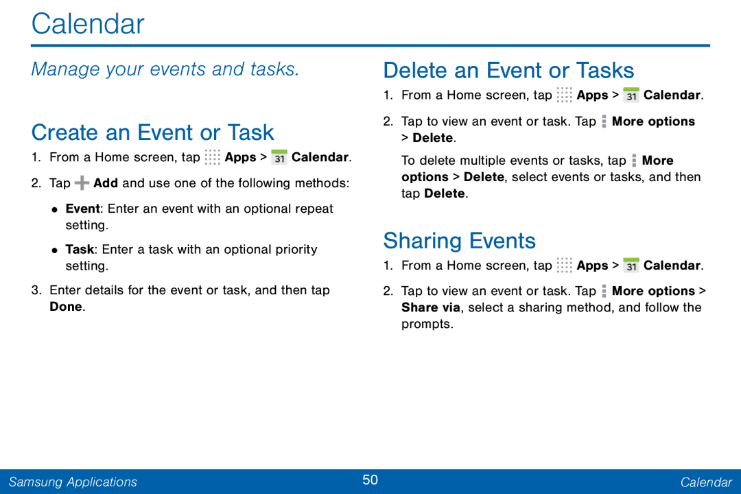 Samsung GH68-42046F manual Calendar, Create an Event or Task, Delete an Event or Tasks, Sharing Events 