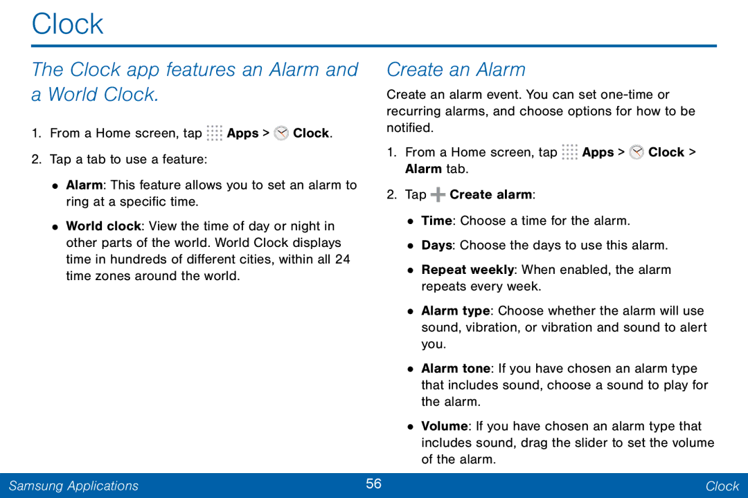 Samsung GH68-42046F manual Clock app features an Alarm Create an Alarm World Clock 