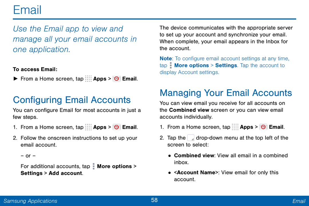 Samsung GH68-42046F manual Configuring Email Accounts, Managing Your Email Accounts 