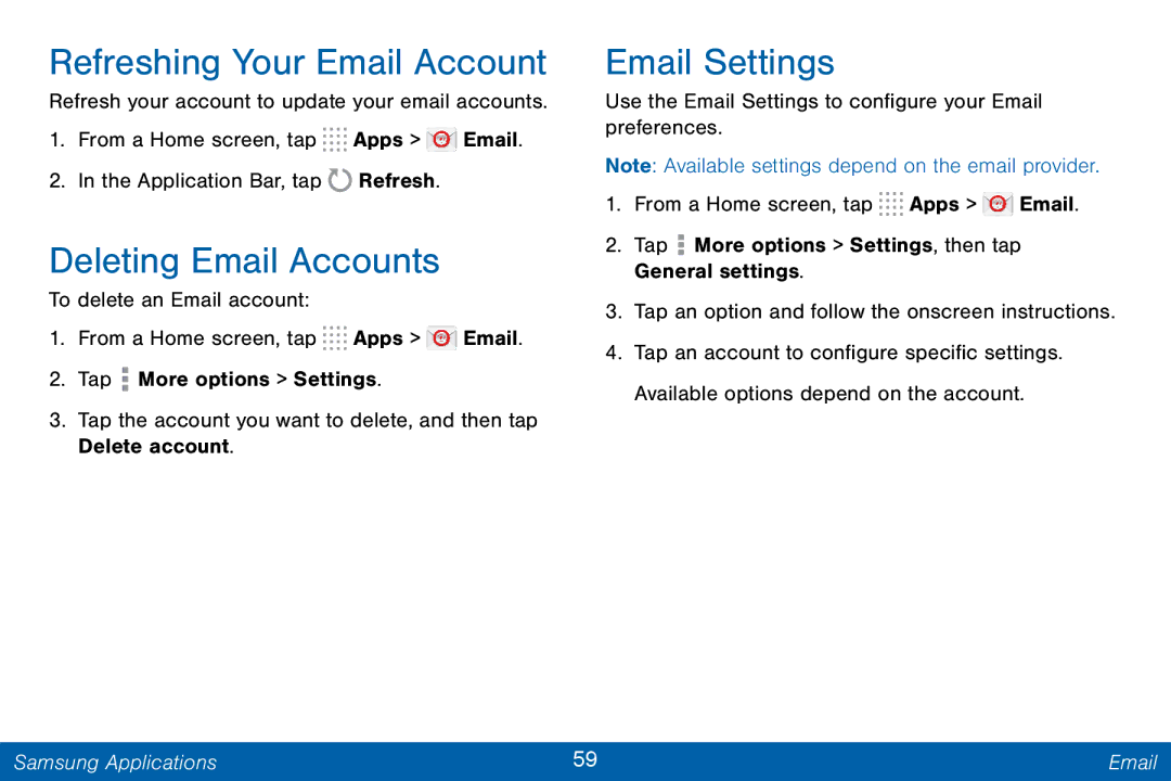 Samsung GH68-42046F manual Refreshing Your Email Account, Deleting Email Accounts, Email Settings 