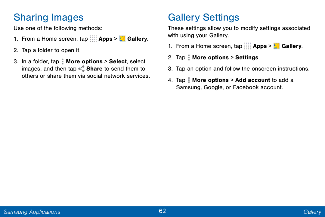 Samsung GH68-42046F manual Sharing Images, Gallery Settings 