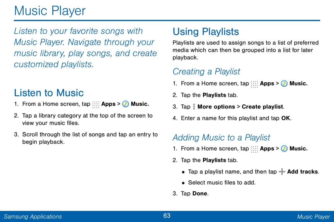 Samsung GH68-42046F manual Music Player, Listen to Music, Using Playlists, Creating a Playlist, Adding Music to a Playlist 