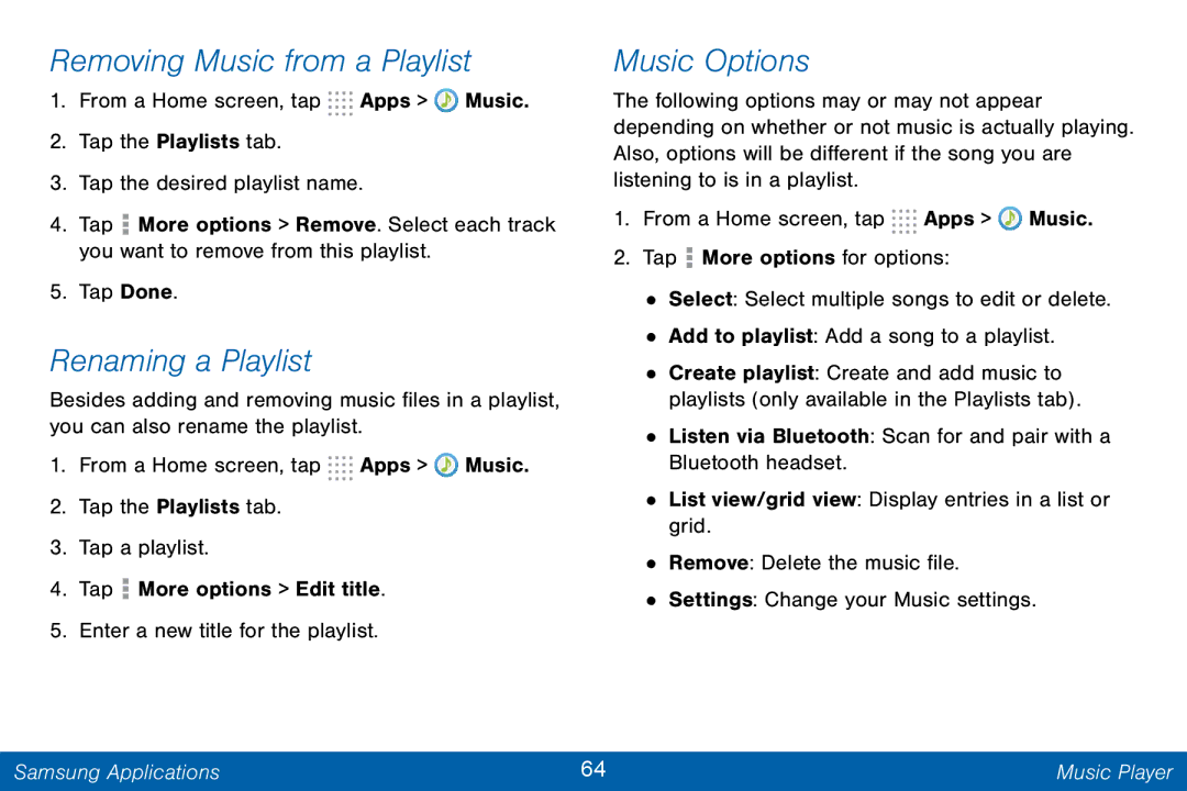 Samsung GH68-42046F manual Removing Music from a Playlist, Renaming a Playlist, Music Options 