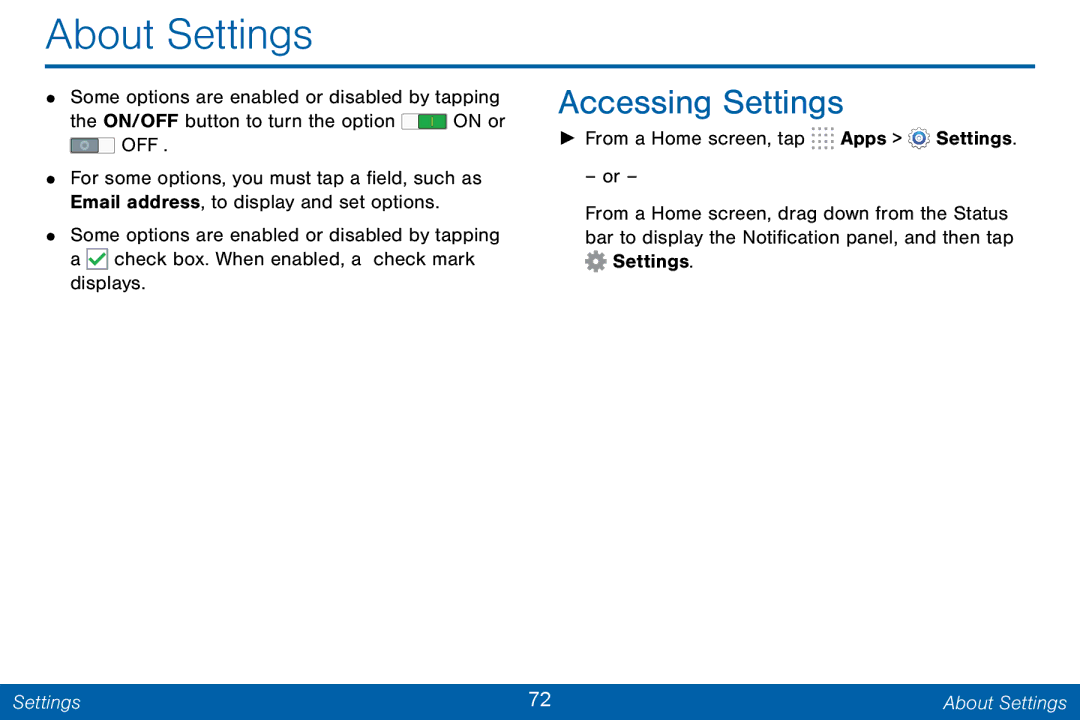 Samsung GH68-42046F manual About Settings, Accessing Settings 