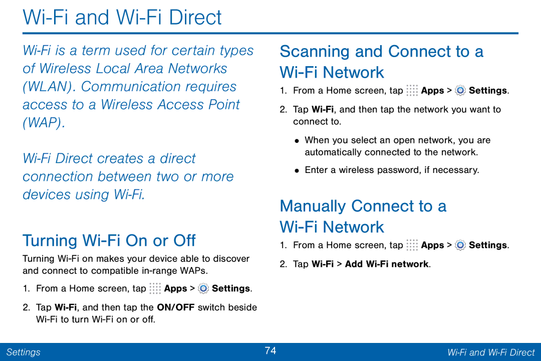 Samsung GH68-42046F manual Wi-Fi and Wi-Fi Direct, Turning Wi-Fi On or Off, Scanning and Connect to a Wi-Fi Network 