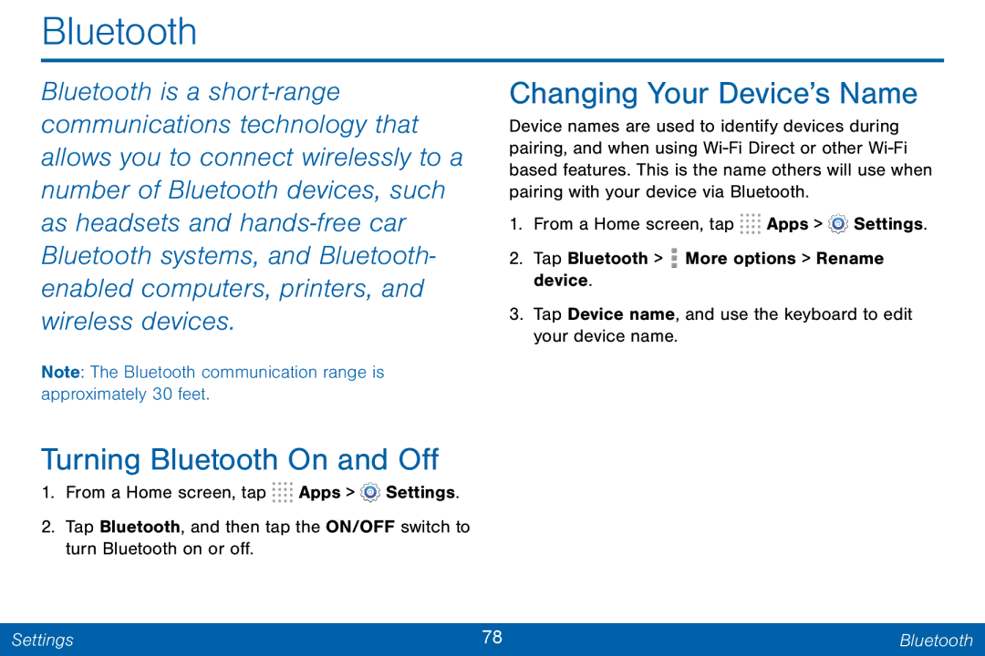 Samsung GH68-42046F manual Turning Bluetooth On and Off, Changing Your Device’s Name 