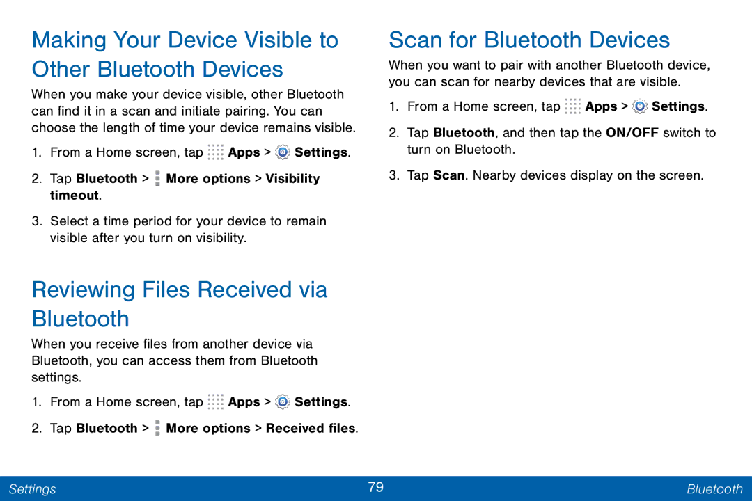 Samsung GH68-42046F manual Making Your Device Visible to Other Bluetooth Devices, Reviewing Files Received via Bluetooth 