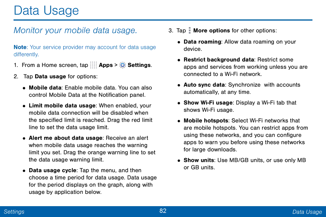 Samsung GH68-42046F manual Data Usage, Monitor your mobile data usage 