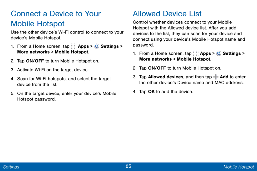 Samsung GH68-42046F manual Connect a Device to Your Mobile Hotspot, Allowed Device List 