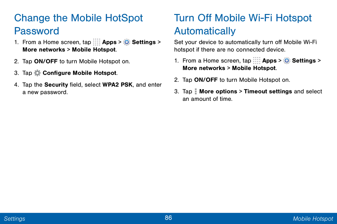 Samsung GH68-42046F manual Change the Mobile HotSpot Password, Turn Off Mobile Wi-Fi Hotspot Automatically 