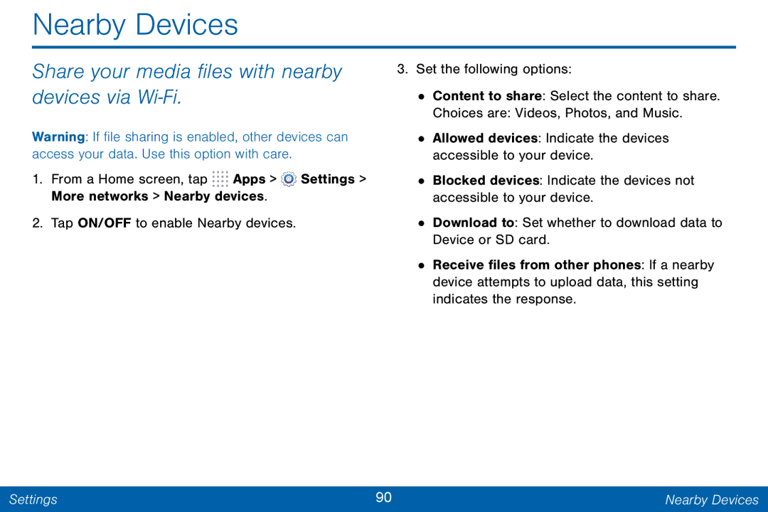 Samsung GH68-42046F manual Nearby Devices, Share your media files with nearby devices via Wi-Fi 