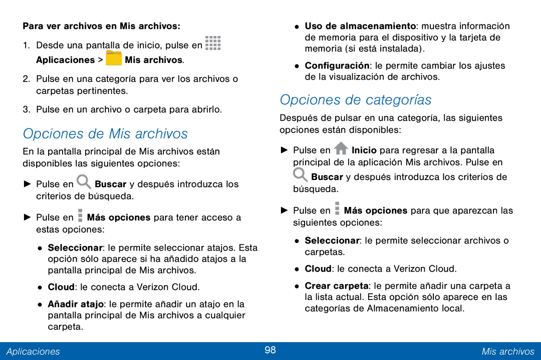 Samsung GH68-42147A manual Opciones de Mis archivos, Opciones de categorías 