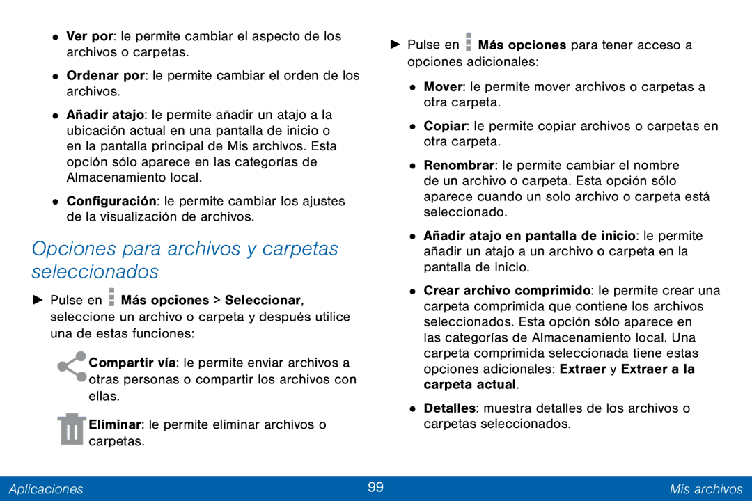 Samsung GH68-42147A manual Opciones para archivos y carpetas seleccionados 