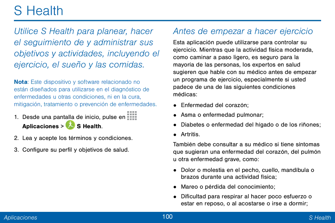 Samsung GH68-42147A manual Ejercicio, el sueño y las comidas, Aplicaciones 100 Health 