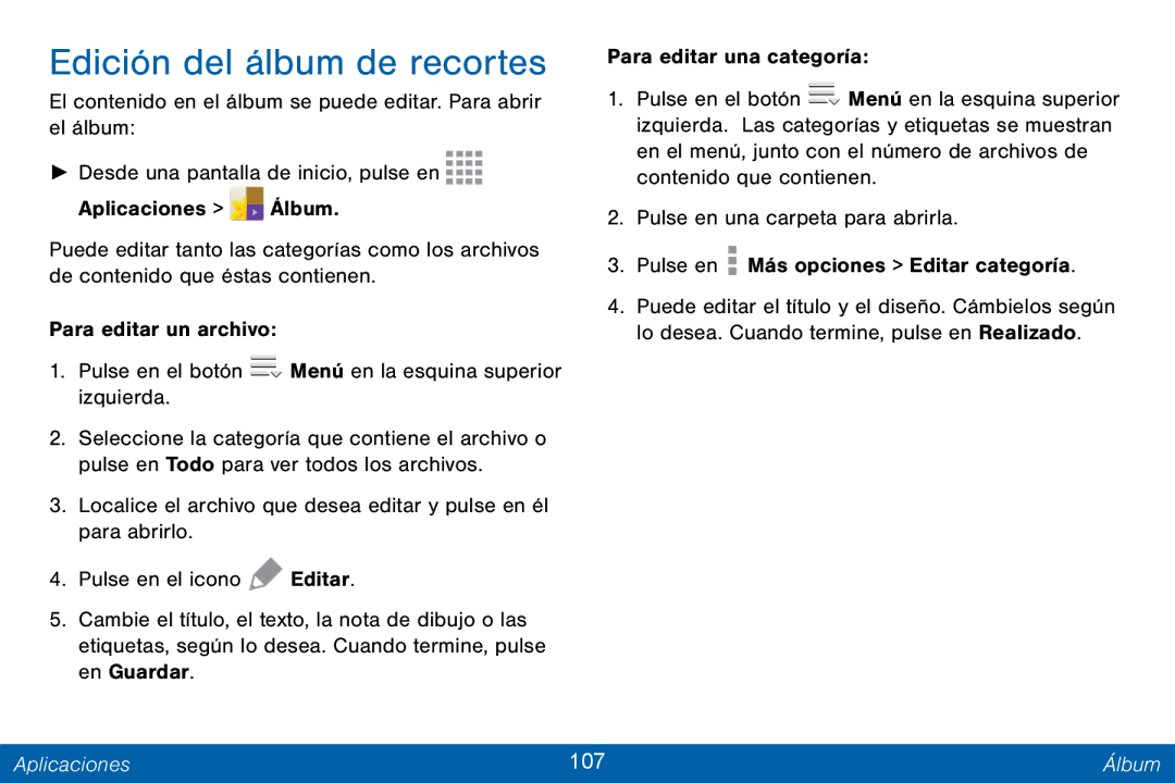 Samsung GH68-42147A manual Edición del álbum de recortes, Aplicaciones 107 Álbum 