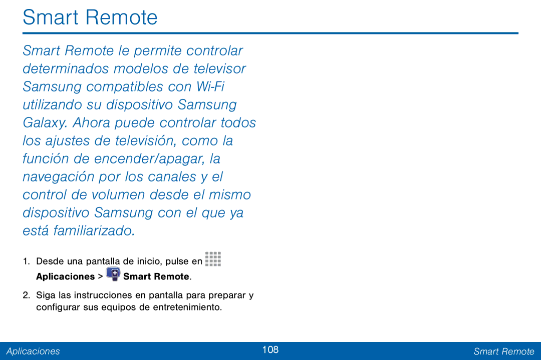 Samsung GH68-42147A manual Aplicaciones 108 Smart Remote 