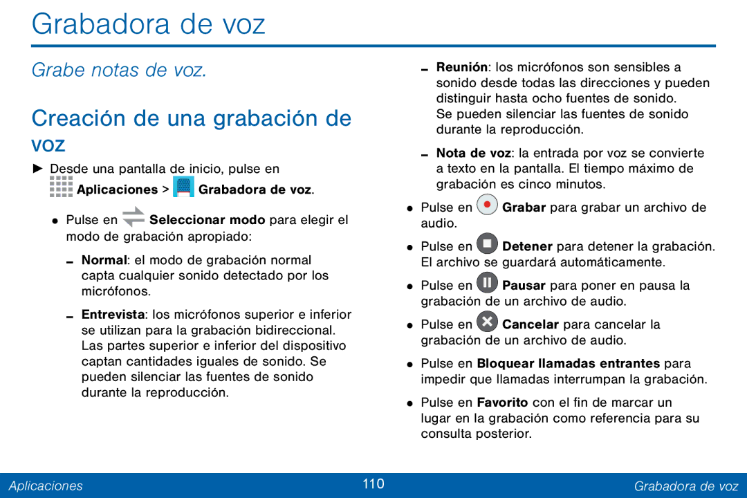 Samsung GH68-42147A manual Grabadora de voz, Creación de una grabación de voz, Grabe notas de voz, Aplicaciones 110 