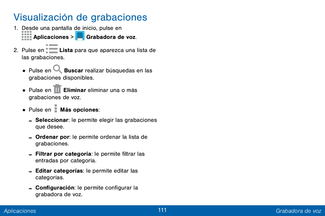 Samsung GH68-42147A manual Visualización de grabaciones, Aplicaciones 111 