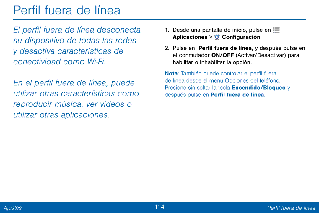 Samsung GH68-42147A manual Ajustes 114 Perfil fuera de línea 