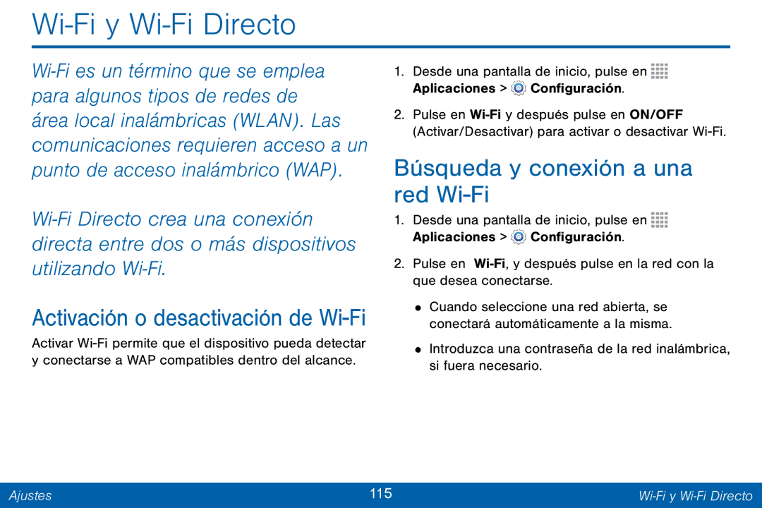 Samsung GH68-42147A manual Wi-Fi y Wi-Fi Directo, Búsqueda y conexión a una red Wi-Fi, Ajustes 115 