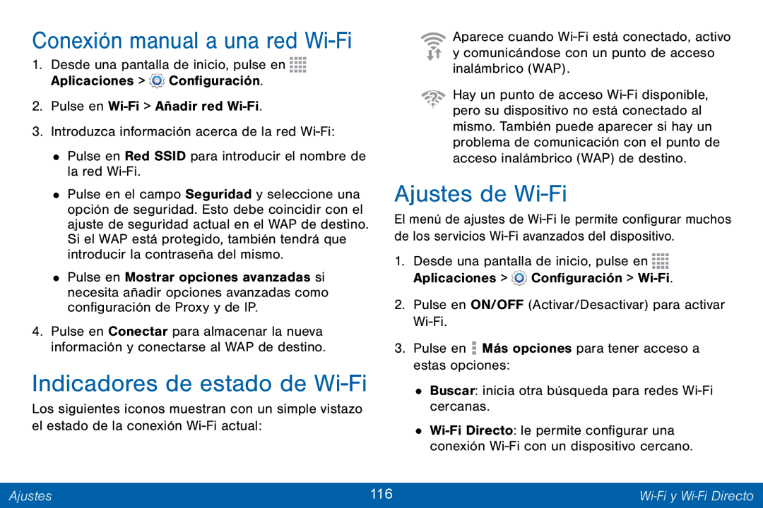 Samsung GH68-42147A manual Indicadores de estado de Wi-Fi, Ajustes de Wi-Fi, Ajustes 116 