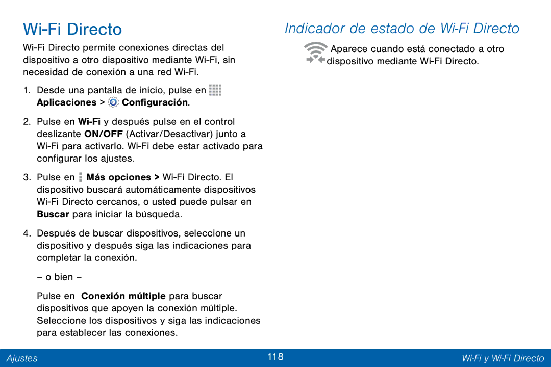 Samsung GH68-42147A manual Indicador de estado de Wi-Fi Directo, Ajustes 118 