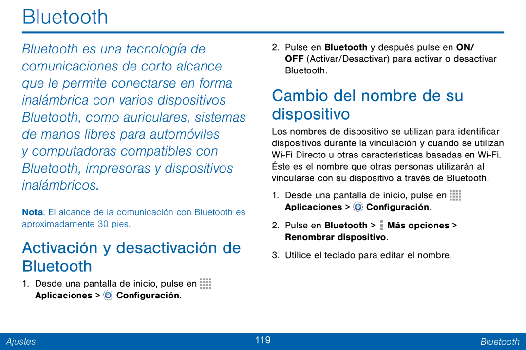 Samsung GH68-42147A manual Activación y desactivación de Bluetooth, Cambio del nombre de su dispositivo 