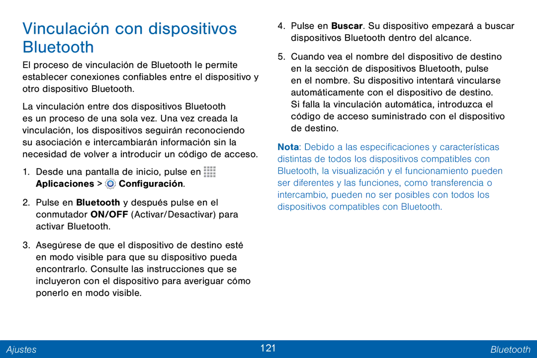 Samsung GH68-42147A manual Vinculación con dispositivos Bluetooth, Ajustes 121 Bluetooth 