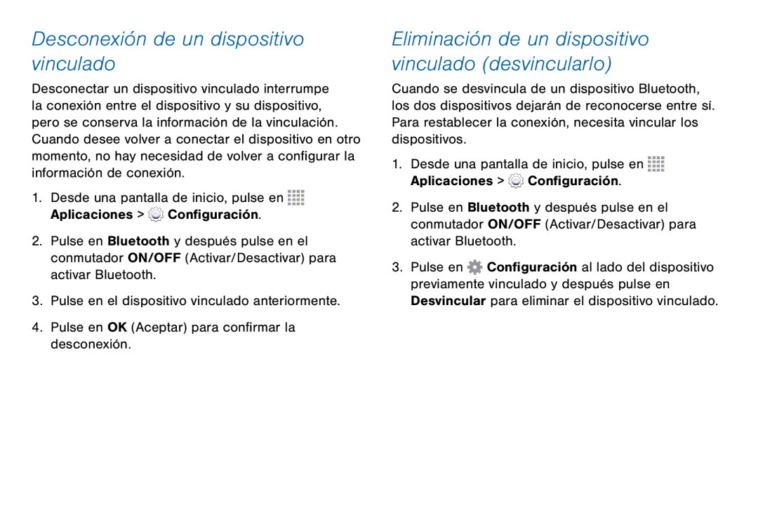 Samsung GH68-42147A manual Desconexión de un dispositivo vinculado, Ajustes 122 Bluetooth 