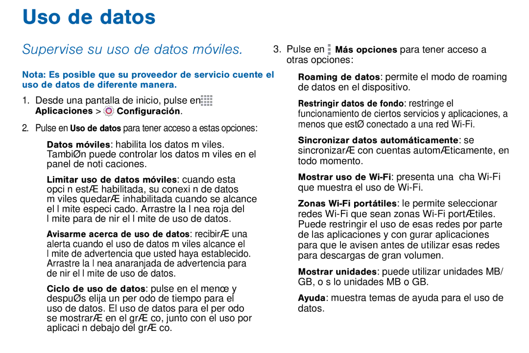 Samsung GH68-42147A manual Supervise su uso de datos móviles, Ajustes 123 Uso de datos 