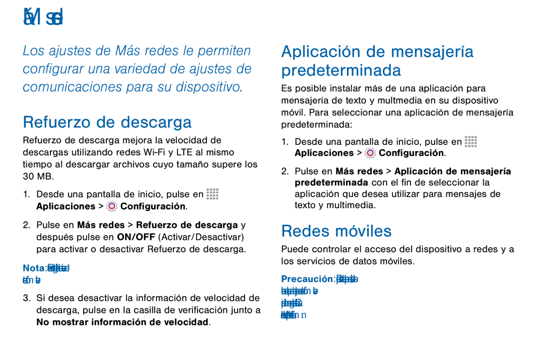 Samsung GH68-42147A manual Refuerzo de descarga, Redes móviles, Ajustes 124 Más redes 