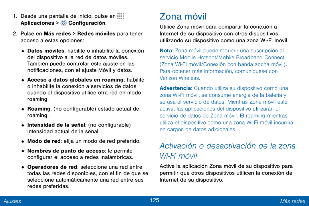 Samsung GH68-42147A manual Activación o desactivación de la zona Wi-Fi móvil, Ajustes 125 Más redes 