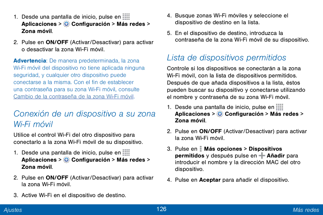 Samsung GH68-42147A manual Lista de dispositivos permitidos, Conexión de un dispositivo a su zona, Wi-Fi móvil, Ajustes 126 