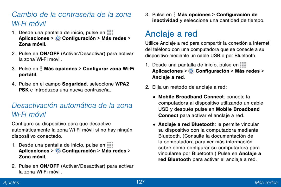 Samsung GH68-42147A manual Anclaje a red, Cambio de la contraseña de la zona Wi-Fi móvil, Ajustes 127 Más redes 