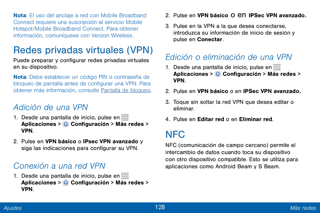 Samsung GH68-42147A manual Redes privadas virtuales VPN, Adición de una VPN, Conexión a una red VPN, Ajustes 128 Más redes 